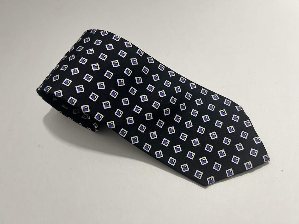 Ralph Lauren Silk Men's 57" Necktie Black Geometric White Purple Yellow Squares